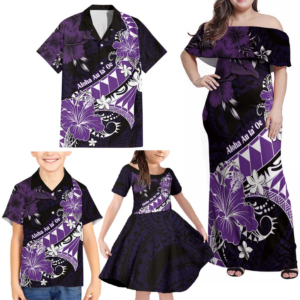 Personalised Hawaii Valentine Day Family Matching Off Shoulder Maxi Dress and Hawaiian Shirt Polynesian Hibiscus Art Style Purple