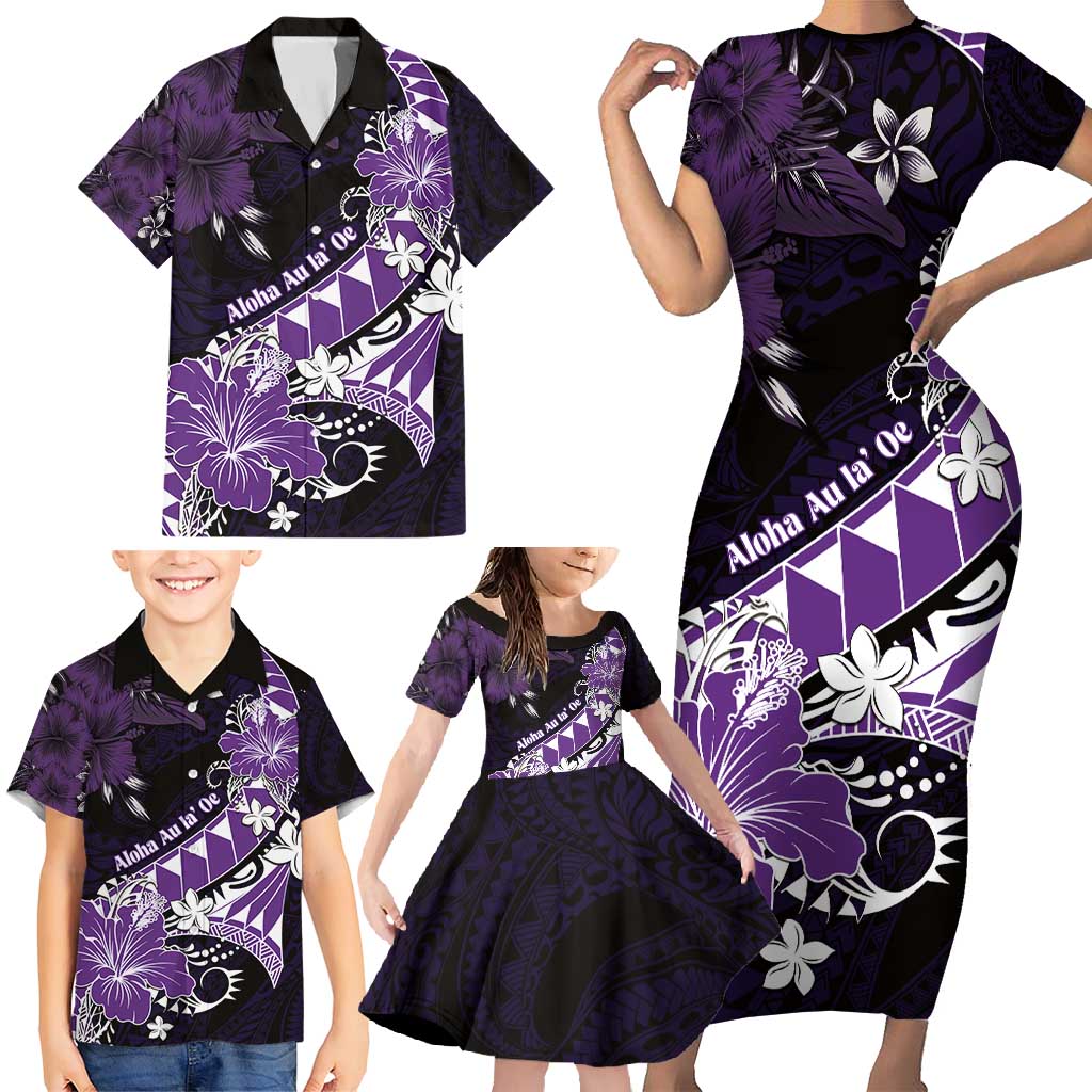 Personalised Hawaii Valentine Day Family Matching Short Sleeve Bodycon Dress and Hawaiian Shirt Polynesian Hibiscus Art Style Purple