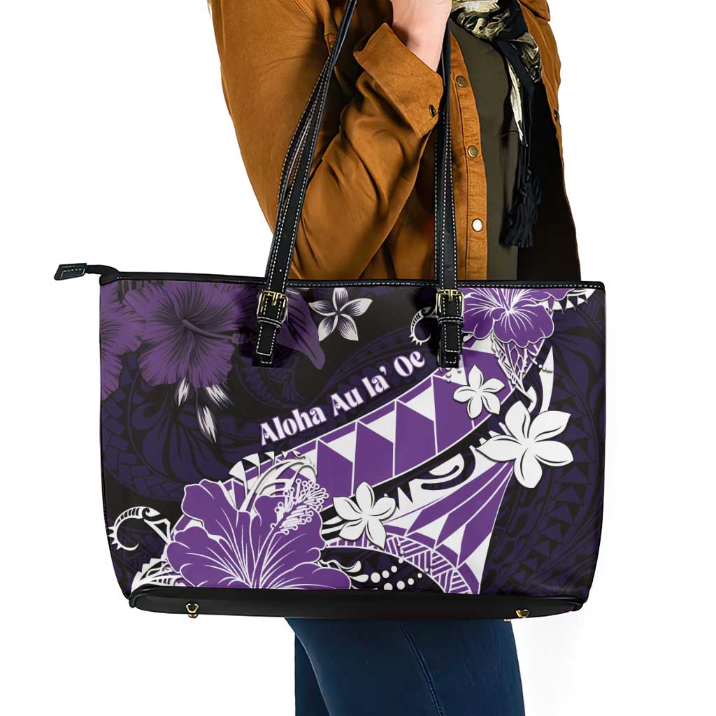 Hawaii Valentine Day Leather Tote Bag Polynesian Hibiscus Art Style Purple LT05 - Polynesian Pride