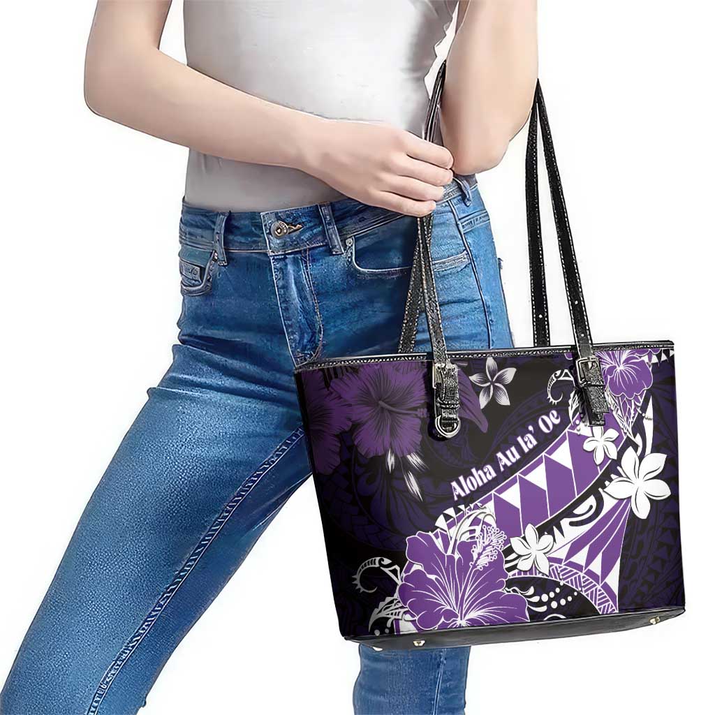 Hawaii Valentine Day Leather Tote Bag Polynesian Hibiscus Art Style Purple LT05 - Polynesian Pride