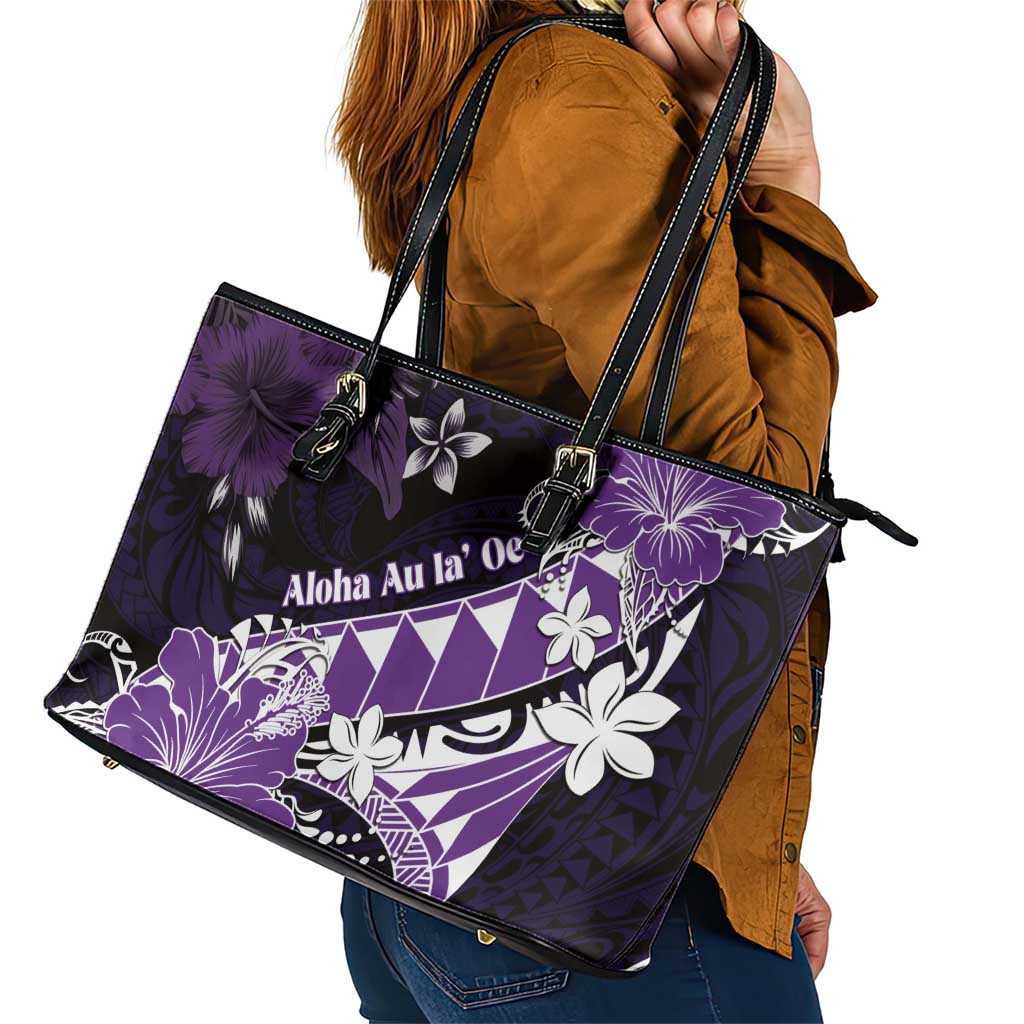 Hawaii Valentine Day Leather Tote Bag Polynesian Hibiscus Art Style Purple LT05 - Polynesian Pride
