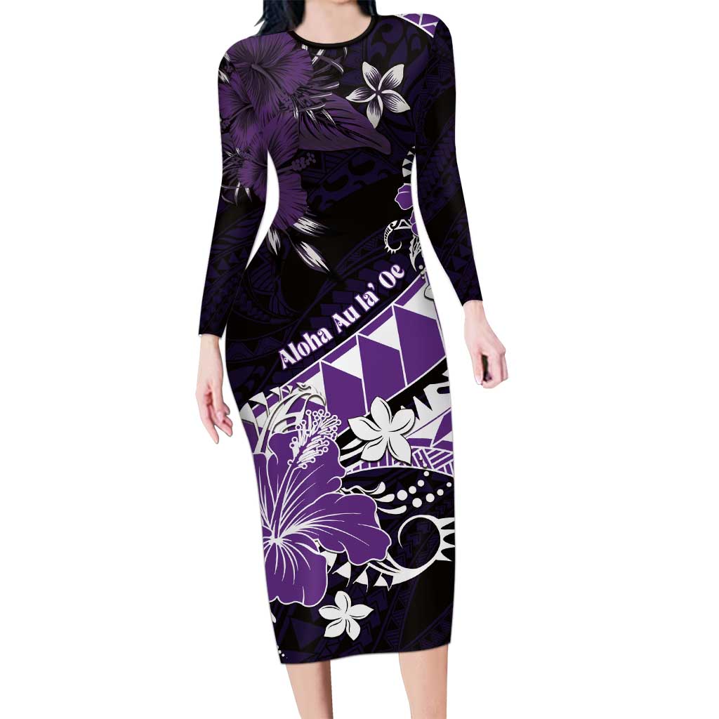 Personalised Hawaii Valentine Day Long Sleeve Bodycon Dress Polynesian Hibiscus Art Style Purple