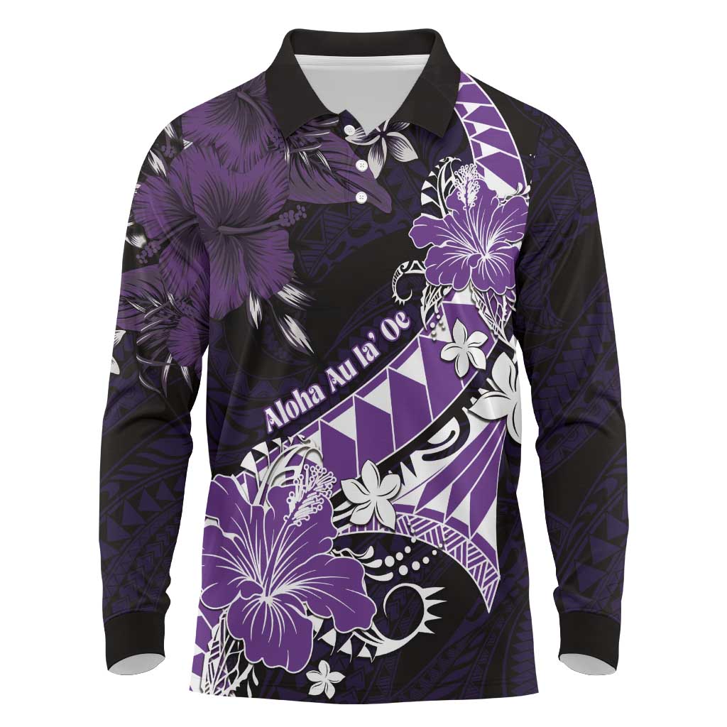 Personalised Hawaii Valentine Day Long Sleeve Polo Shirt Polynesian Hibiscus Art Style Purple