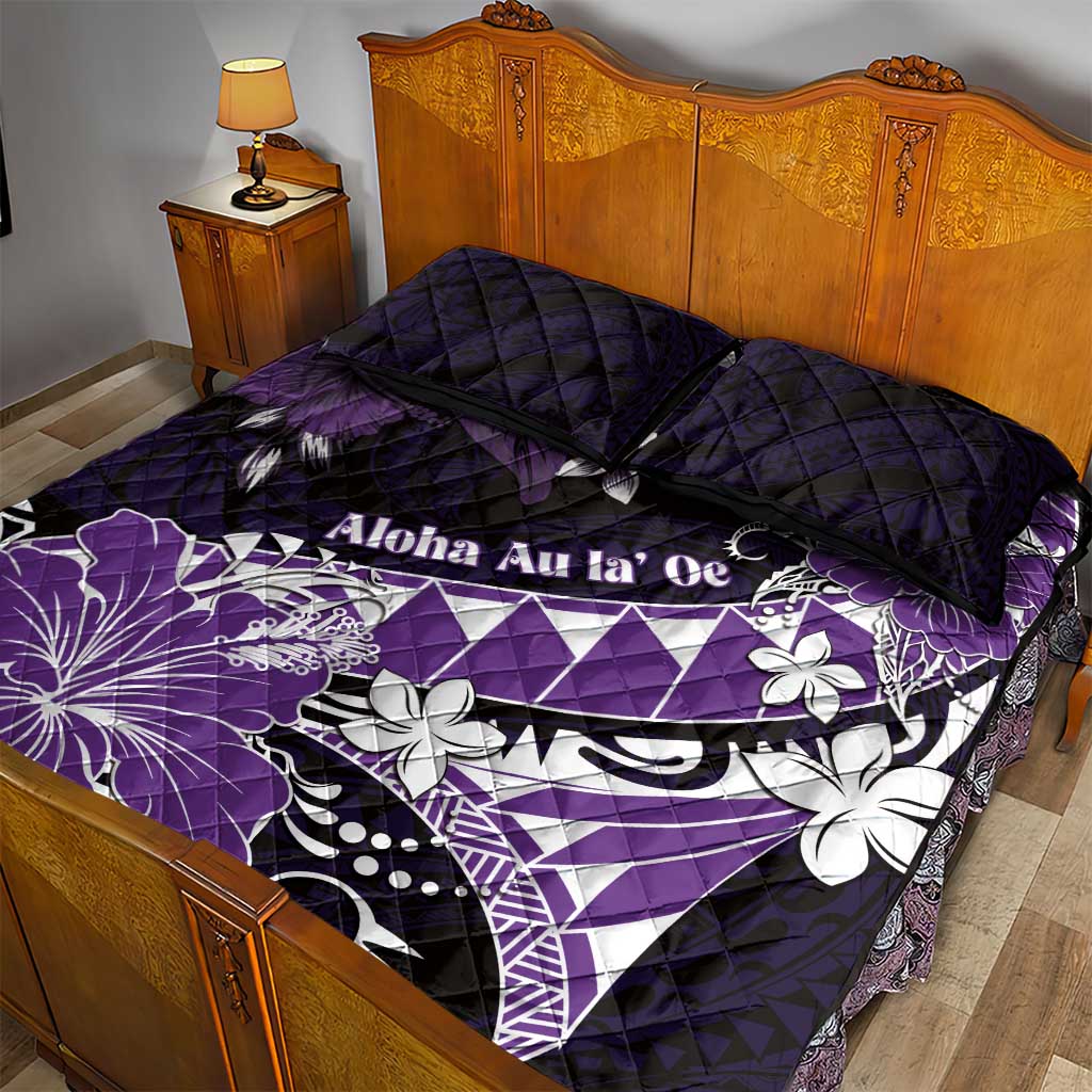 Hawaii Valentine Day Quilt Bed Set Polynesian Hibiscus Art Style Purple
