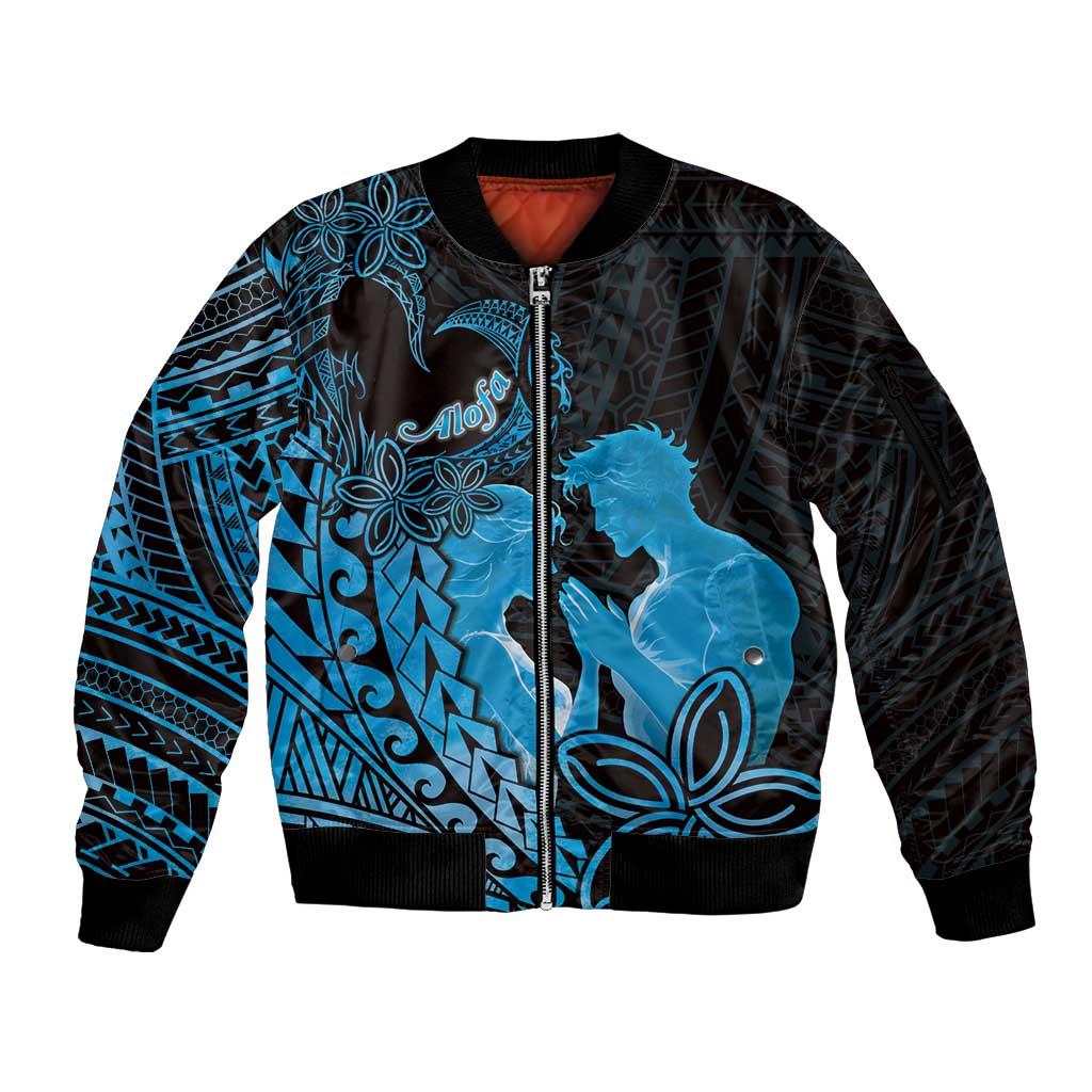 Alofa Samoa Valentine Blue Sleeve Zip Bomber Jacket Love Is The Greatest Thing