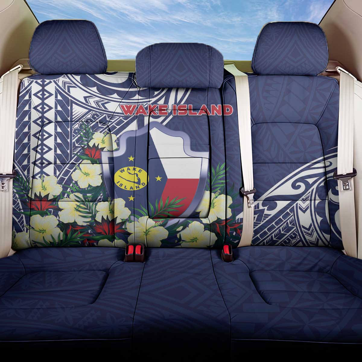 Wake Island Back Car Seat Cover Tribal Pattern With Hibiscus Flowers LT05 One Size Blue - Polynesian Pride