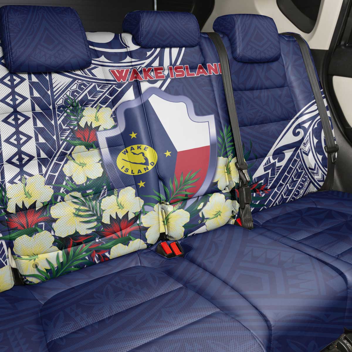 Wake Island Back Car Seat Cover Tribal Pattern With Hibiscus Flowers LT05 - Polynesian Pride
