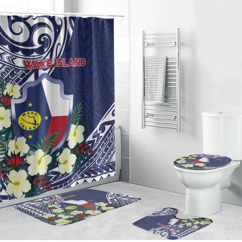 Wake Island Bathroom Set Tribal Pattern With Hibiscus Flowers LT05 Bathroom Set (4 pcs) Blue - Polynesian Pride