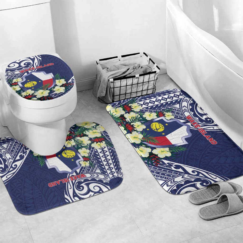 Wake Island Bathroom Set Tribal Pattern With Hibiscus Flowers LT05 Mat Set Only (3 pcs) One Size Blue - Polynesian Pride