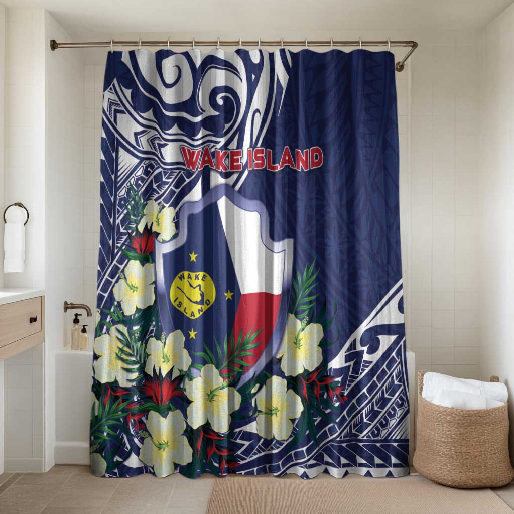 Wake Island Bathroom Set Tribal Pattern With Hibiscus Flowers LT05 Shower Curtain Only Blue - Polynesian Pride