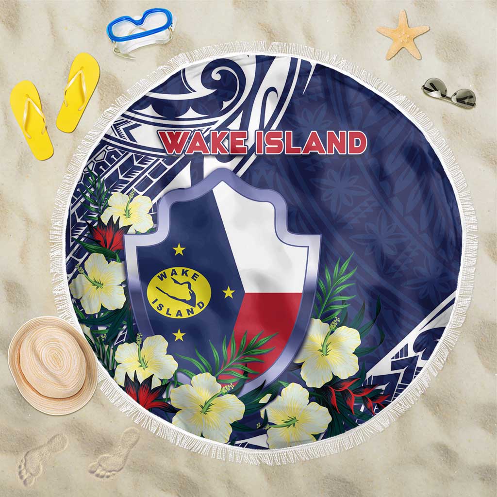 Wake Island Beach Blanket Tribal Pattern With Hibiscus Flowers LT05 One Size 150cm Blue - Polynesian Pride