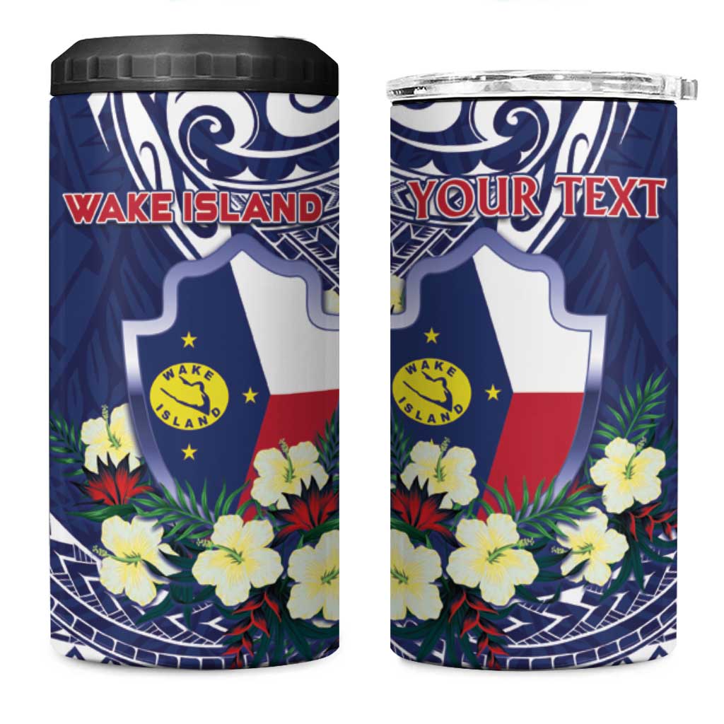 Personalised Wake Island 4 in 1 Can Cooler Tumbler Tribal Pattern With Hibiscus Flowers LT05 One Size: 16 oz Blue - Polynesian Pride