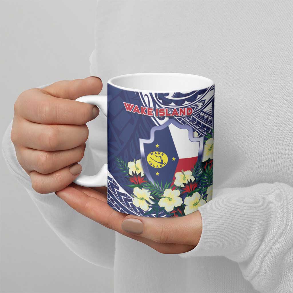 Personalised Wake Island Ceramic Mug Tribal Pattern With Hibiscus Flowers