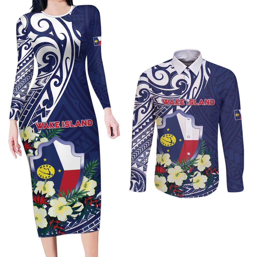 Personalised Wake Island Couples Matching Long Sleeve Bodycon Dress and Long Sleeve Button Shirt Tribal Pattern With Hibiscus Flowers LT05 Blue - Polynesian Pride