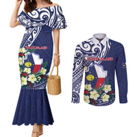 Personalised Wake Island Couples Matching Mermaid Dress and Long Sleeve Button Shirt Tribal Pattern With Hibiscus Flowers LT05 Blue - Polynesian Pride