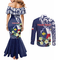 Personalised Wake Island Couples Matching Mermaid Dress and Long Sleeve Button Shirt Tribal Pattern With Hibiscus Flowers LT05 - Polynesian Pride