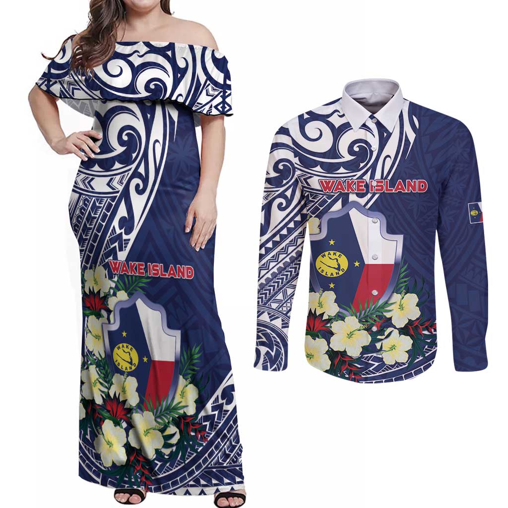 Personalised Wake Island Couples Matching Off Shoulder Maxi Dress and Long Sleeve Button Shirt Tribal Pattern With Hibiscus Flowers LT05 Blue - Polynesian Pride