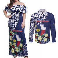 Personalised Wake Island Couples Matching Off Shoulder Maxi Dress and Long Sleeve Button Shirt Tribal Pattern With Hibiscus Flowers LT05 Blue - Polynesian Pride