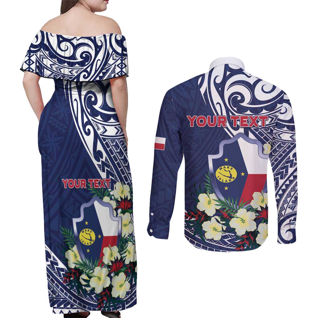 Personalised Wake Island Couples Matching Off Shoulder Maxi Dress and Long Sleeve Button Shirt Tribal Pattern With Hibiscus Flowers LT05 - Polynesian Pride