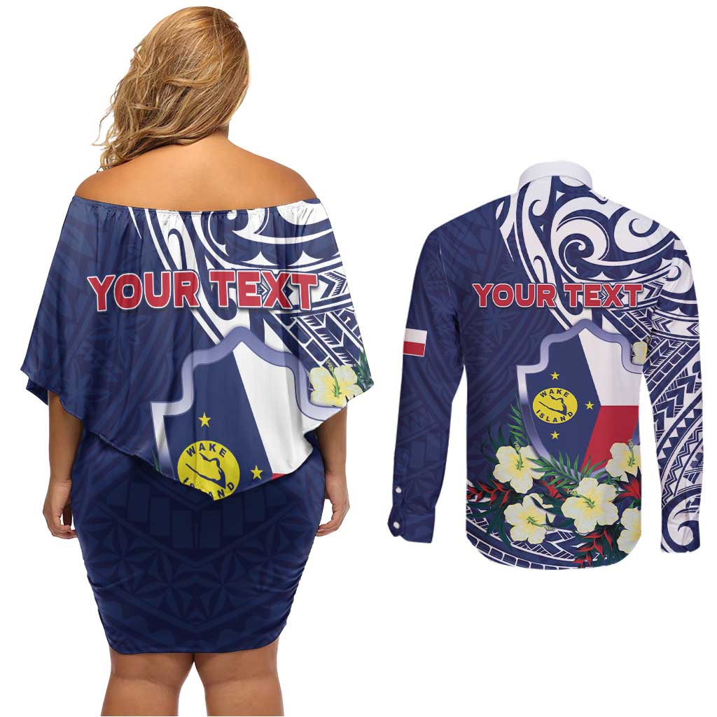 Personalised Wake Island Couples Matching Off Shoulder Short Dress and Long Sleeve Button Shirt Tribal Pattern With Hibiscus Flowers LT05 - Polynesian Pride