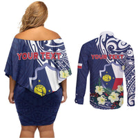 Personalised Wake Island Couples Matching Off Shoulder Short Dress and Long Sleeve Button Shirt Tribal Pattern With Hibiscus Flowers LT05 - Polynesian Pride