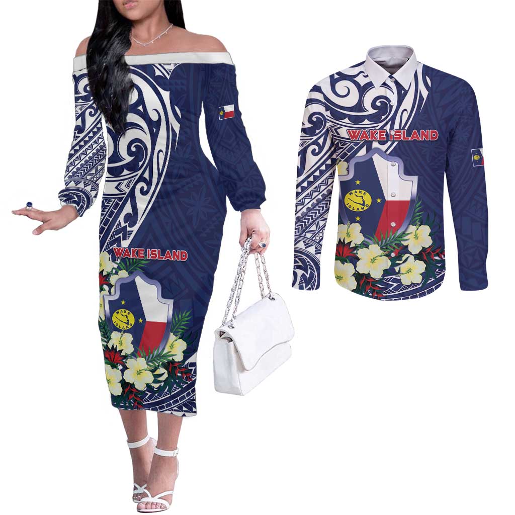 Personalised Wake Island Couples Matching Off The Shoulder Long Sleeve Dress and Long Sleeve Button Shirt Tribal Pattern With Hibiscus Flowers LT05 Blue - Polynesian Pride
