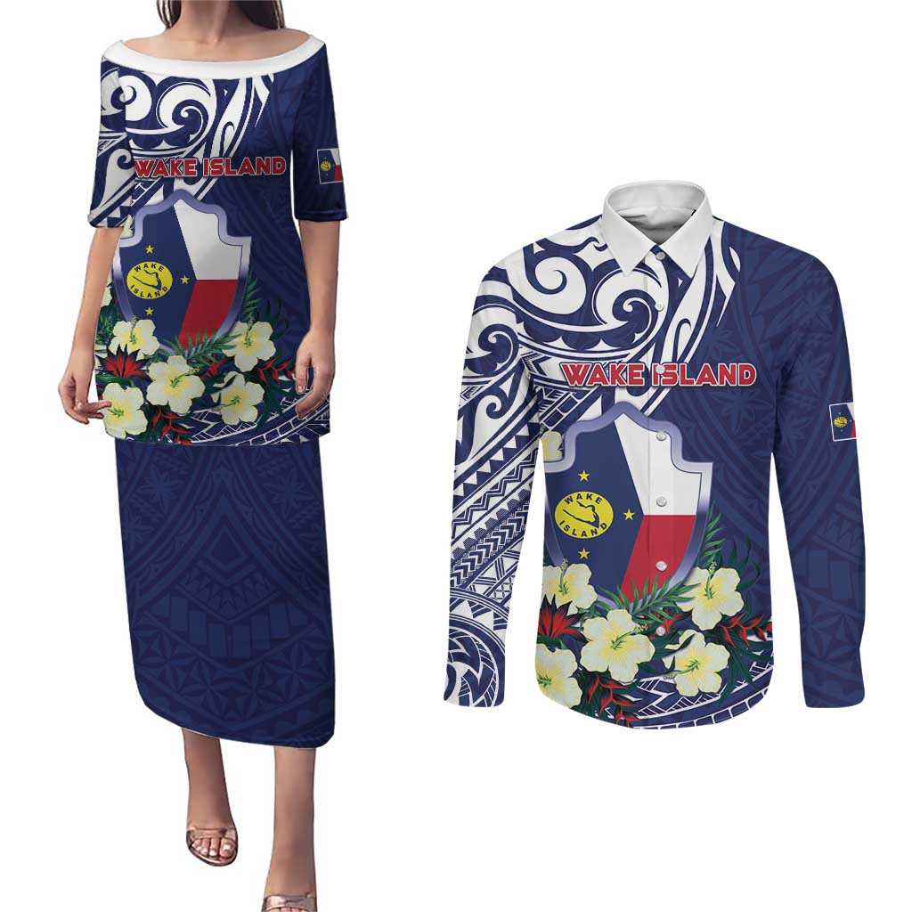 Personalised Wake Island Couples Matching Puletasi and Long Sleeve Button Shirt Tribal Pattern With Hibiscus Flowers LT05 Blue - Polynesian Pride