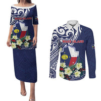 Personalised Wake Island Couples Matching Puletasi and Long Sleeve Button Shirt Tribal Pattern With Hibiscus Flowers LT05 Blue - Polynesian Pride