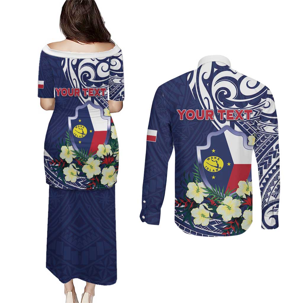 Personalised Wake Island Couples Matching Puletasi and Long Sleeve Button Shirt Tribal Pattern With Hibiscus Flowers LT05 - Polynesian Pride