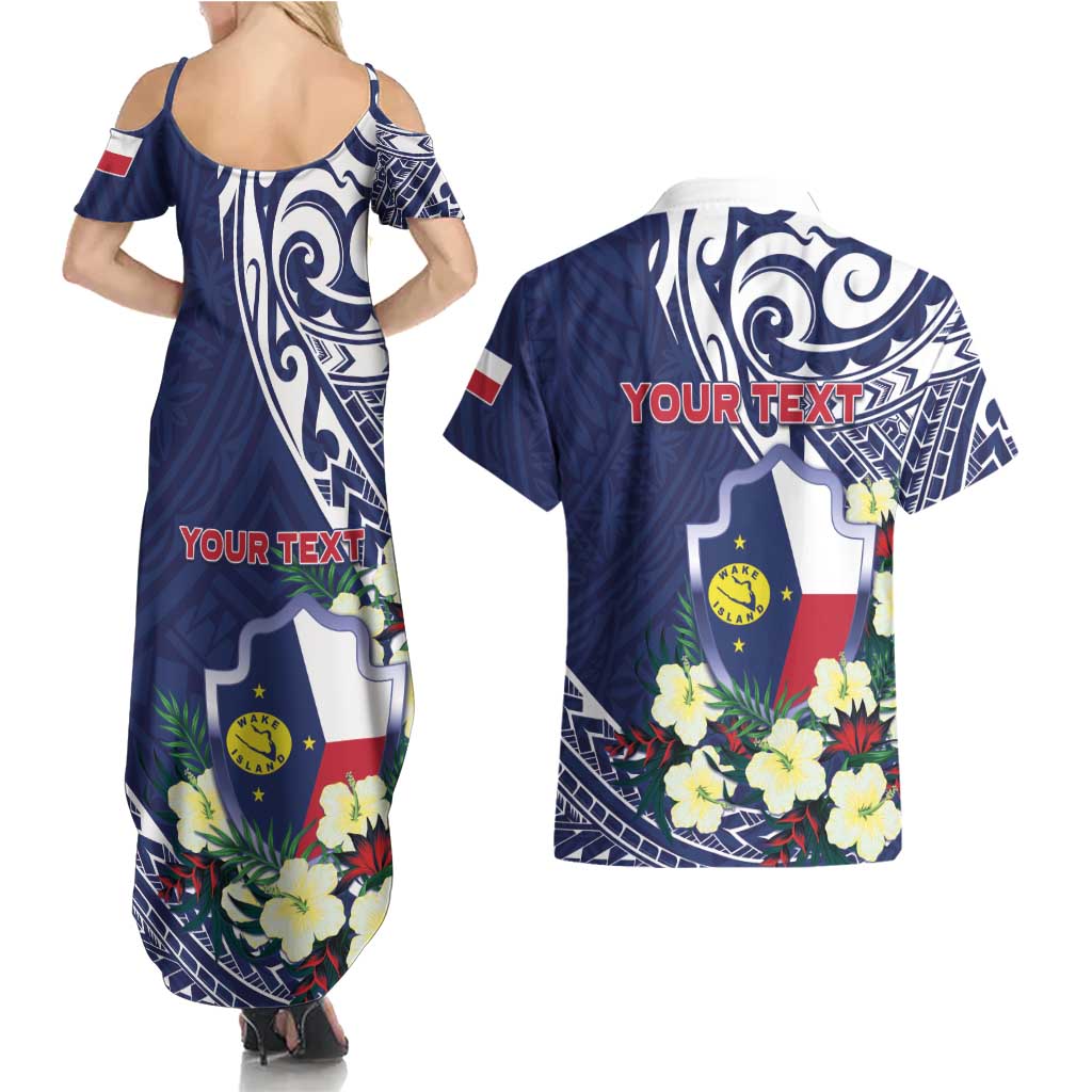 Personalised Wake Island Couples Matching Summer Maxi Dress and Hawaiian Shirt Tribal Pattern With Hibiscus Flowers LT05 - Polynesian Pride