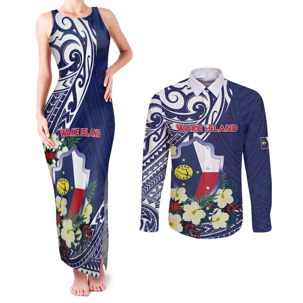 Personalised Wake Island Couples Matching Tank Maxi Dress and Long Sleeve Button Shirt Tribal Pattern With Hibiscus Flowers LT05 Blue - Polynesian Pride