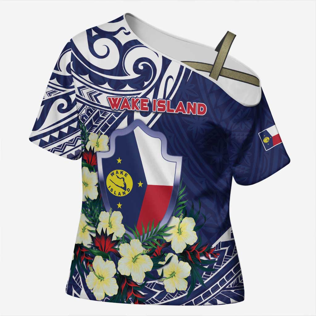 Personalised Wake Island Cross Shoulder Shirt Tribal Pattern With Hibiscus Flowers LT05 Female Blue - Polynesian Pride