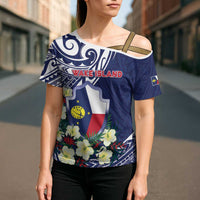 Personalised Wake Island Cross Shoulder Shirt Tribal Pattern With Hibiscus Flowers LT05 - Polynesian Pride