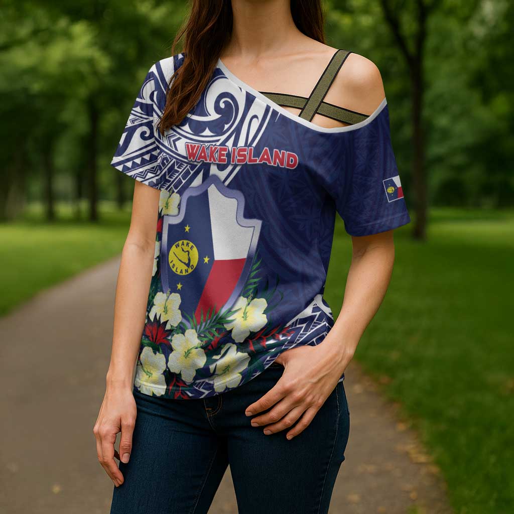 Personalised Wake Island Cross Shoulder Shirt Tribal Pattern With Hibiscus Flowers LT05 - Polynesian Pride