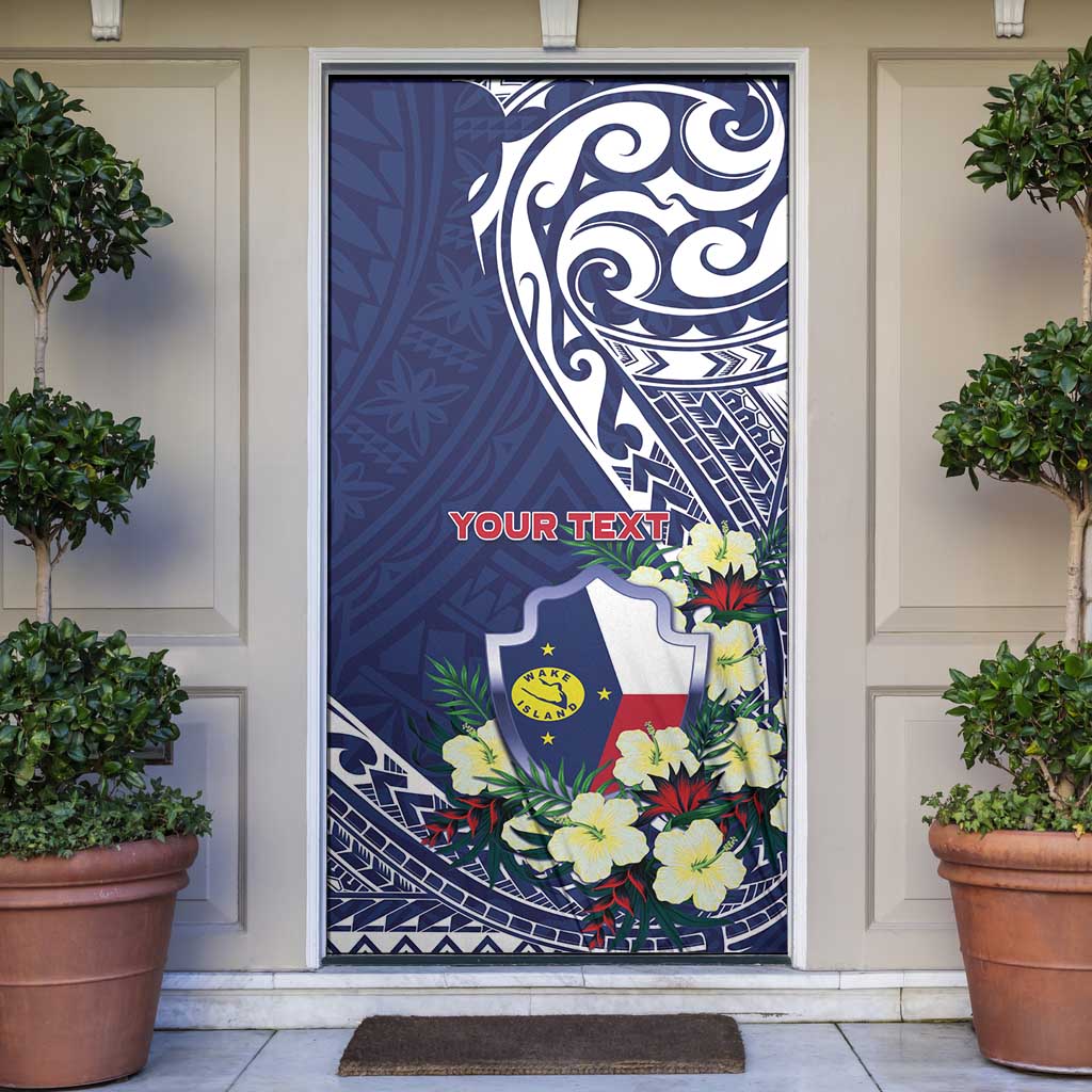 Personalised Wake Island Door Cover Tribal Pattern With Hibiscus Flowers LT05 Blue - Polynesian Pride