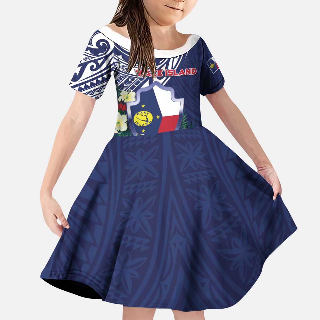 Personalised Wake Island Family Matching Off The Shoulder Long Sleeve Dress and Hawaiian Shirt Tribal Pattern With Hibiscus Flowers