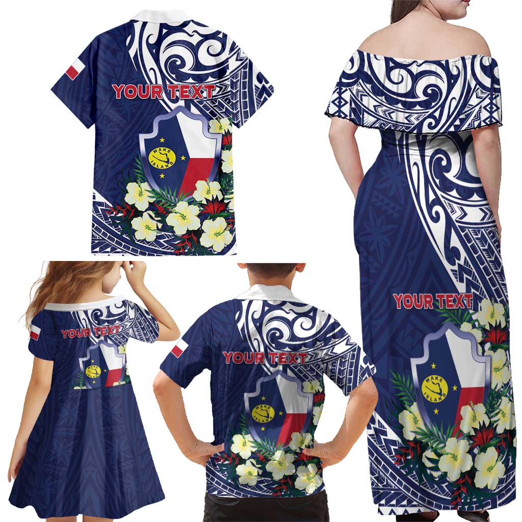 Personalised Wake Island Family Matching Off Shoulder Maxi Dress and Hawaiian Shirt Tribal Pattern With Hibiscus Flowers