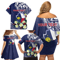Personalised Wake Island Family Matching Off Shoulder Short Dress and Hawaiian Shirt Tribal Pattern With Hibiscus Flowers