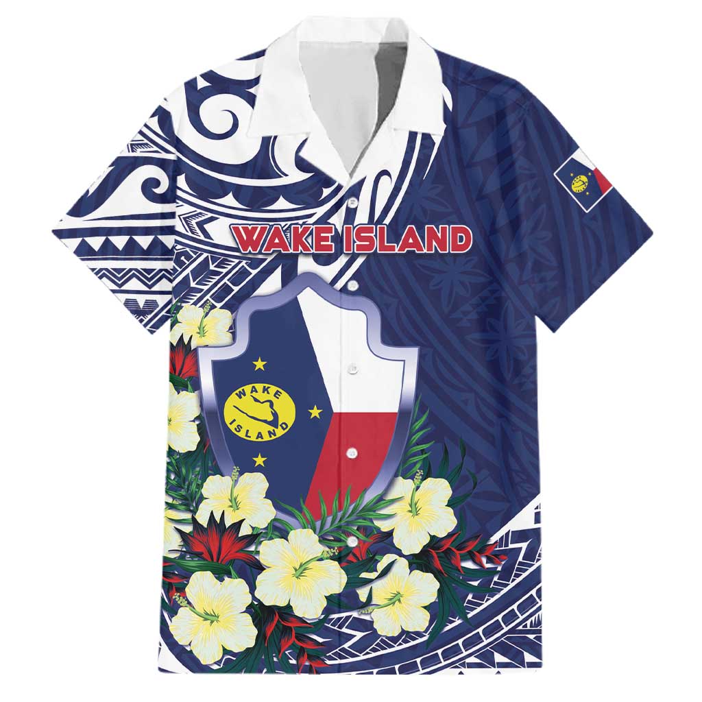 Personalised Wake Island Family Matching Off Shoulder Short Dress and Hawaiian Shirt Tribal Pattern With Hibiscus Flowers