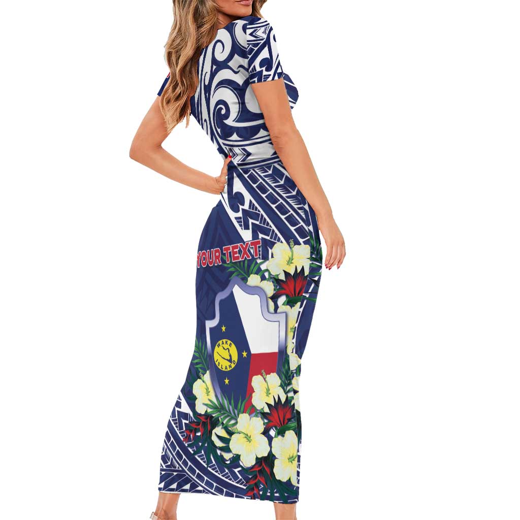 Personalised Wake Island Family Matching Short Sleeve Bodycon Dress and Hawaiian Shirt Tribal Pattern With Hibiscus Flowers