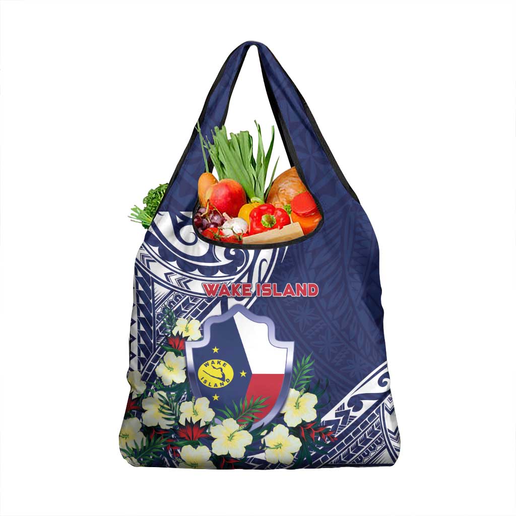 Wake Island Grocery Bag Tribal Pattern With Hibiscus Flowers LT05 1-pack One Size Blue - Polynesian Pride