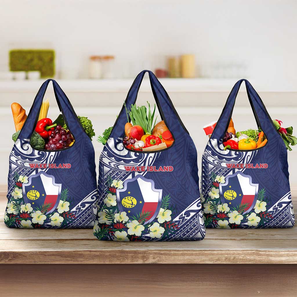 Wake Island Grocery Bag Tribal Pattern With Hibiscus Flowers