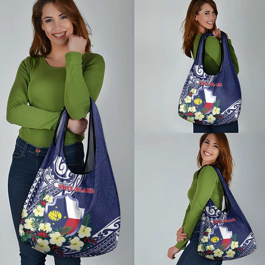Wake Island Grocery Bag Tribal Pattern With Hibiscus Flowers