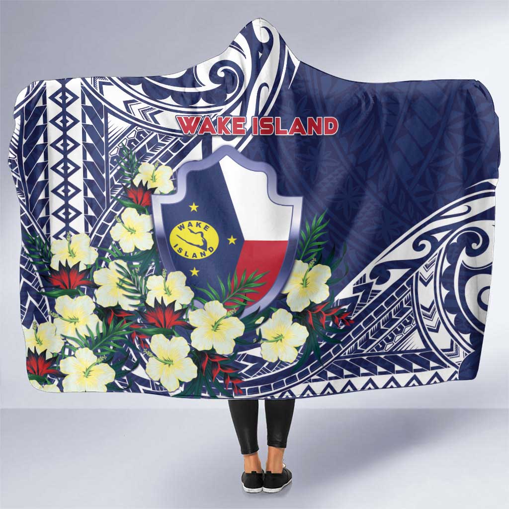 Wake Island Hooded Blanket Tribal Pattern With Hibiscus Flowers LT05 One Size Blue - Polynesian Pride
