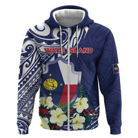 Personalised Wake Island Hoodie Tribal Pattern With Hibiscus Flowers LT05 Zip Hoodie Blue - Polynesian Pride