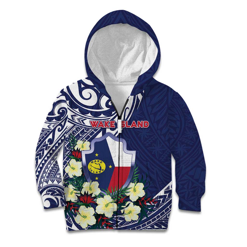 Personalised Wake Island Kid Hoodie Tribal Pattern With Hibiscus Flowers LT05 Zip Hoodie Blue - Polynesian Pride