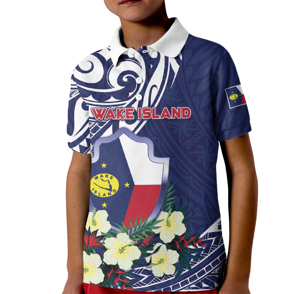 Personalised Wake Island Kid Polo Shirt Tribal Pattern With Hibiscus Flowers LT05 Kid Blue - Polynesian Pride