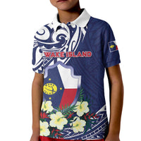 Personalised Wake Island Kid Polo Shirt Tribal Pattern With Hibiscus Flowers LT05 Kid Blue - Polynesian Pride
