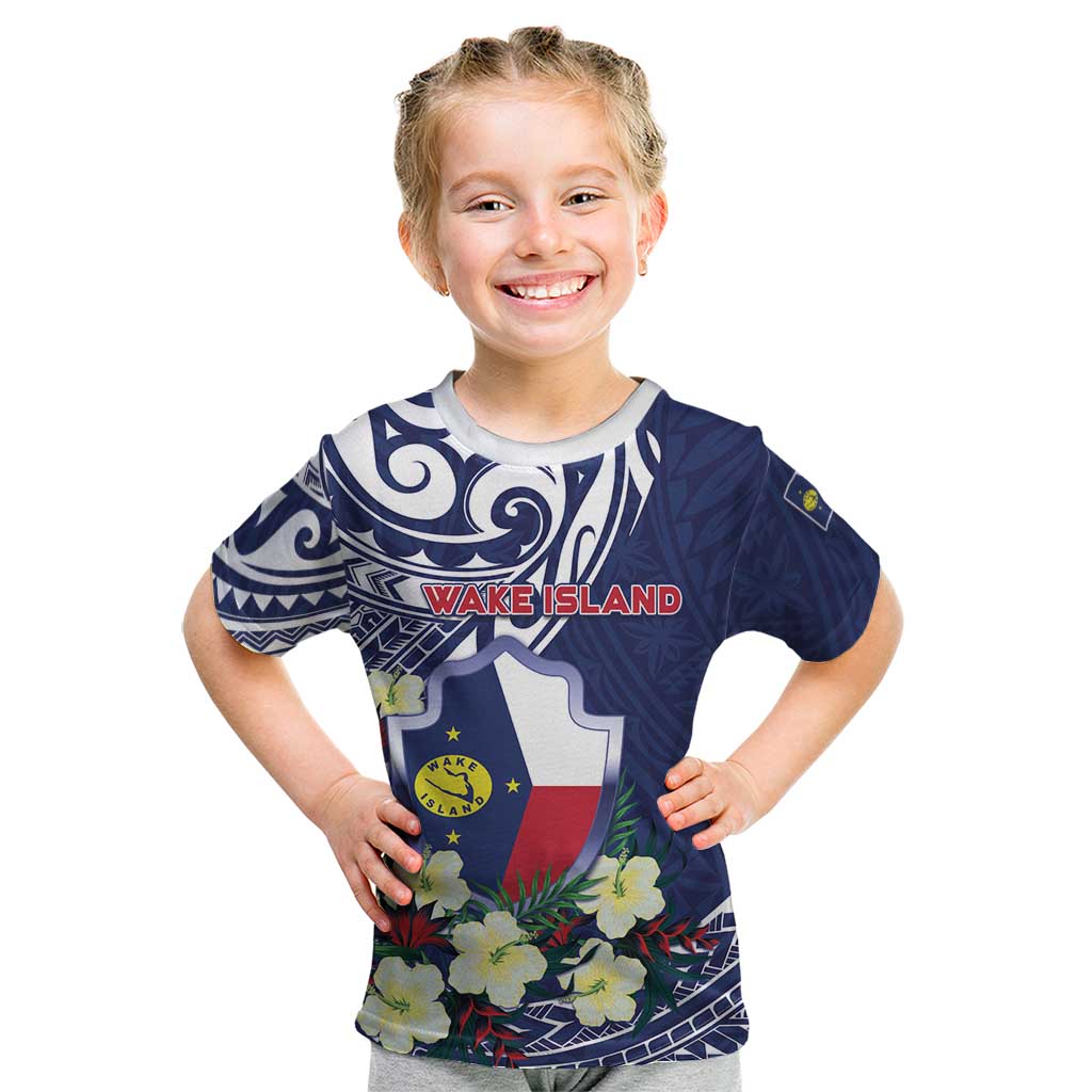 Personalised Wake Island Kid T Shirt Tribal Pattern With Hibiscus Flowers LT05 Blue - Polynesian Pride