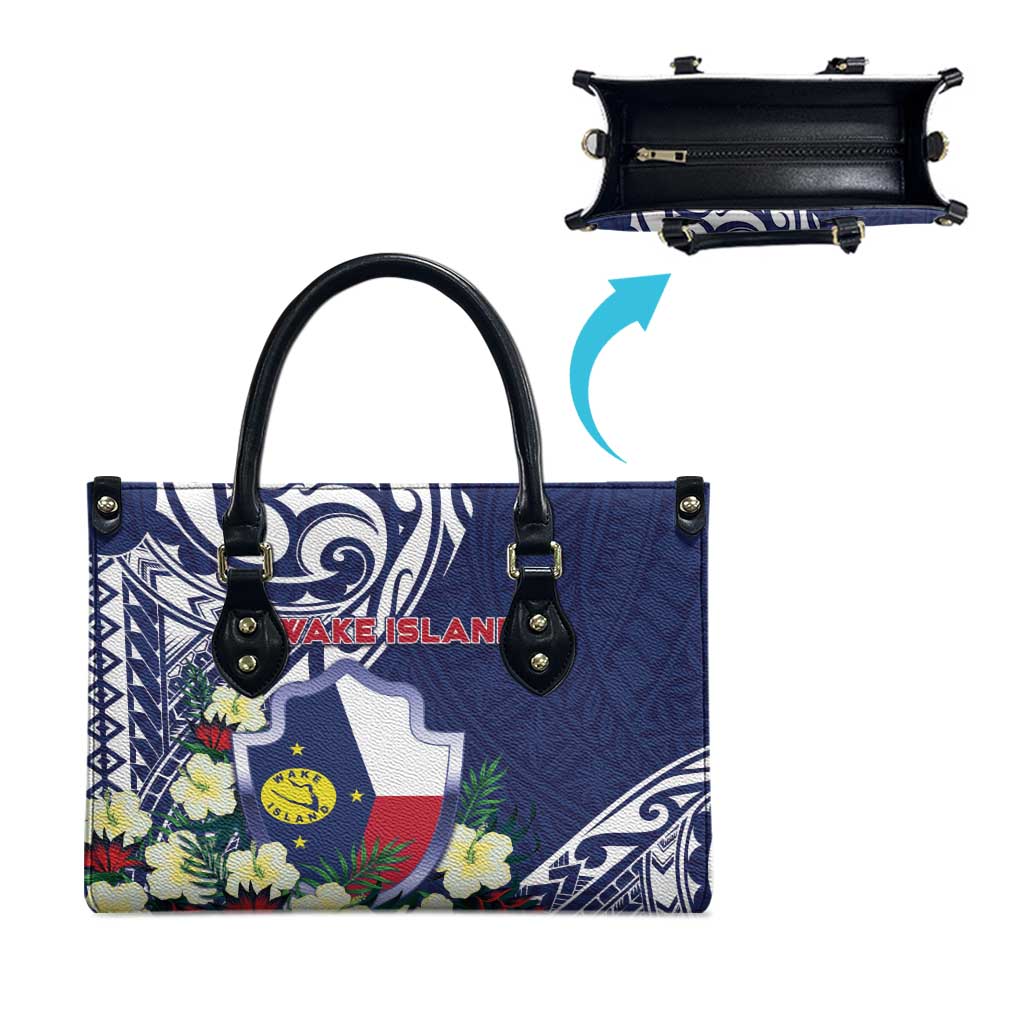 Wake Island Leather Bag Tribal Pattern With Hibiscus Flowers
